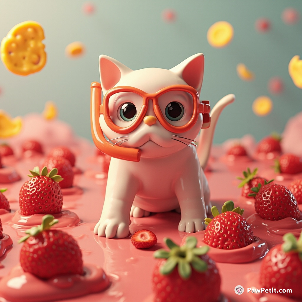 Cat scuba-diving in a sea of liquid strawberries, surrounded by floating cheese moons.