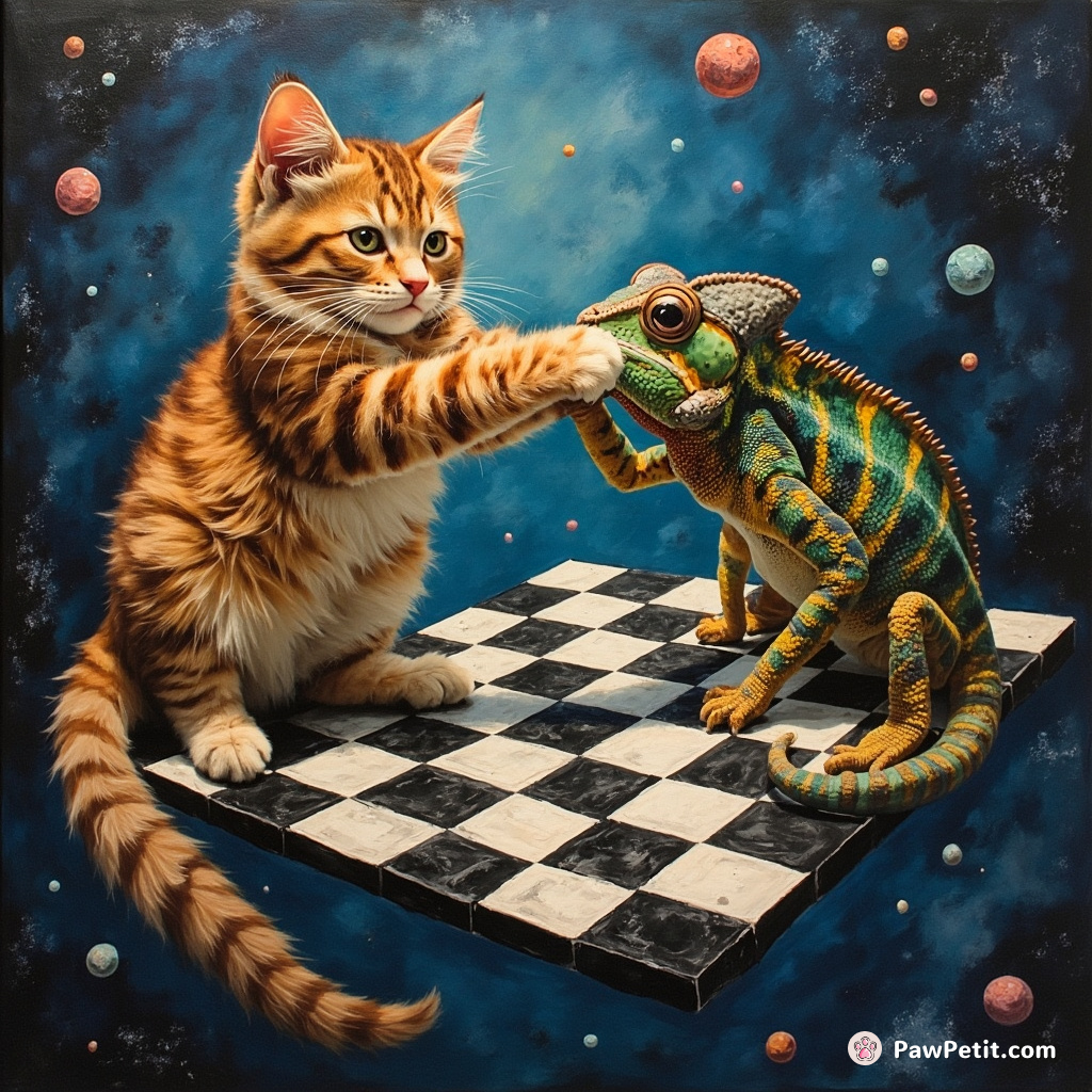 Cat arm-wrestling a chameleon on a checkers board floating in zero-gravity space.