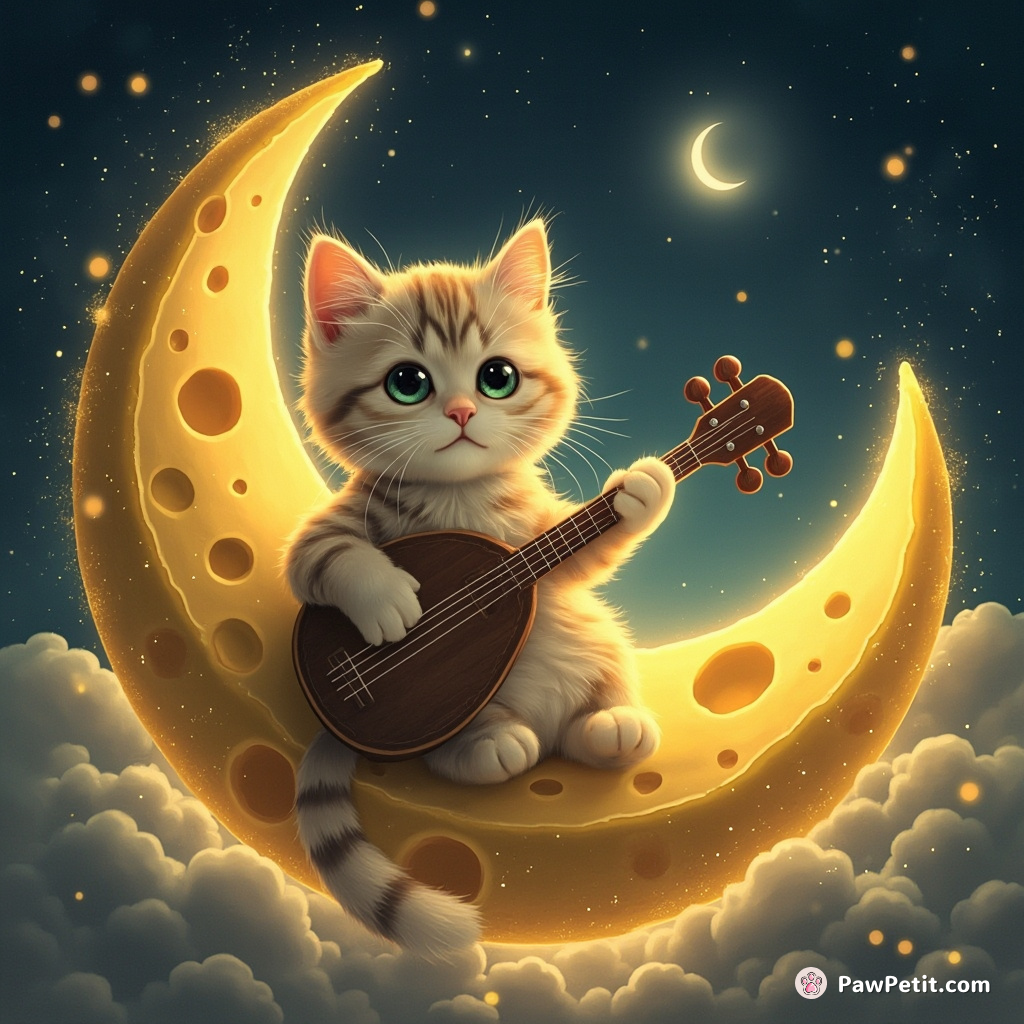 A cat gracefully balancing on an oversized cheese moon, strumming a lute made of stardust.