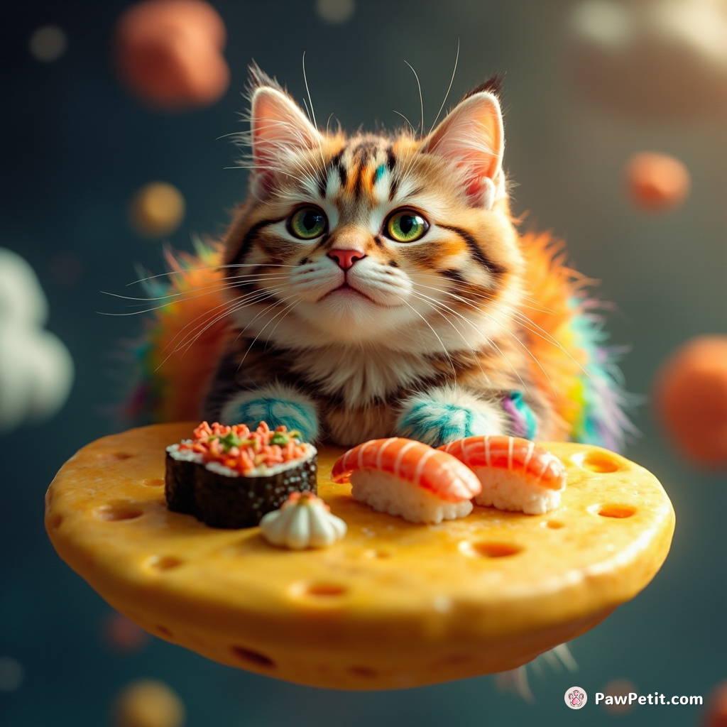 Rainbow cat having a sushi feast on a floating cheese moon.
