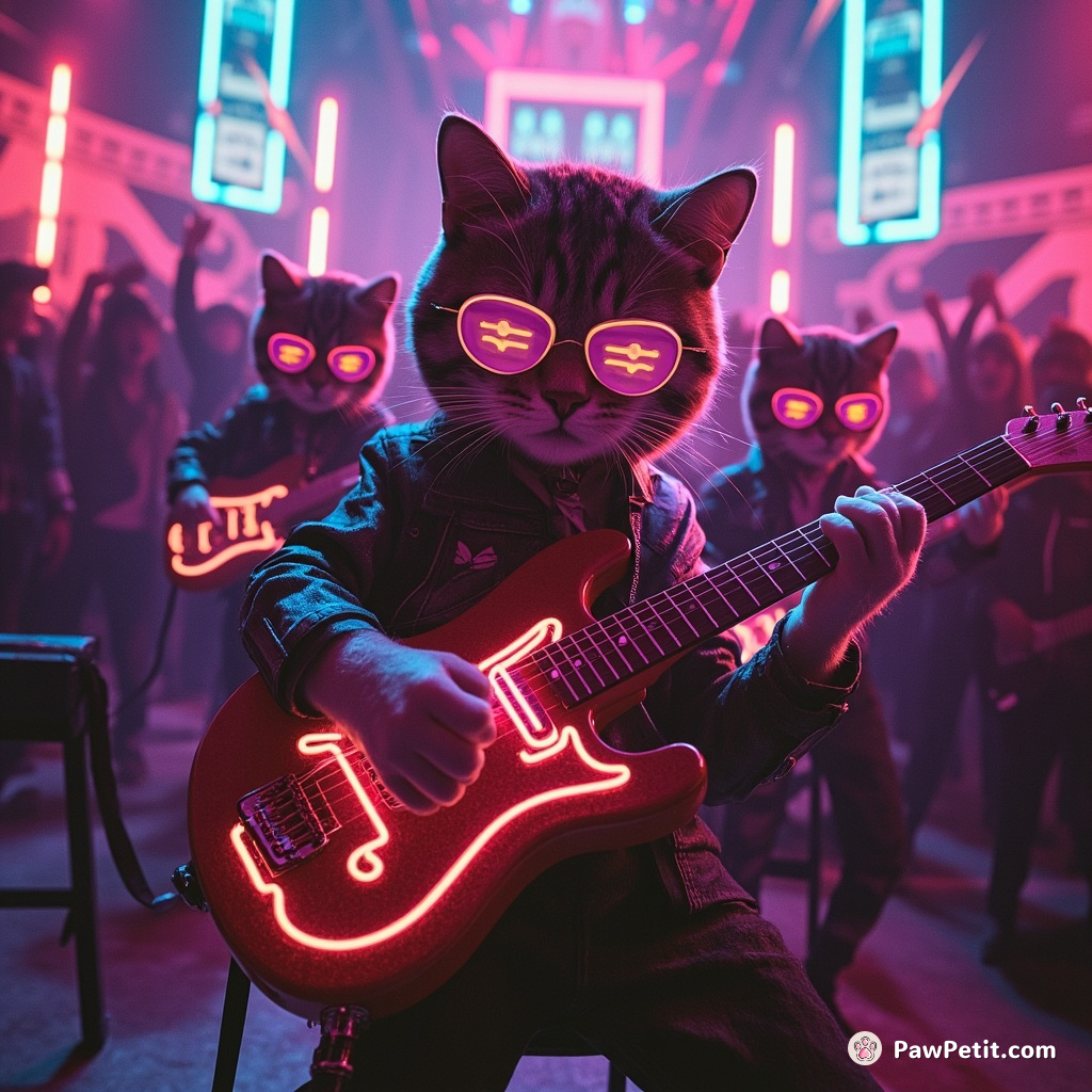 A grunge band of neon cats hedging music notes on six-stringed cheeseburger guitars in front of a bewildered crowd in Candyland.