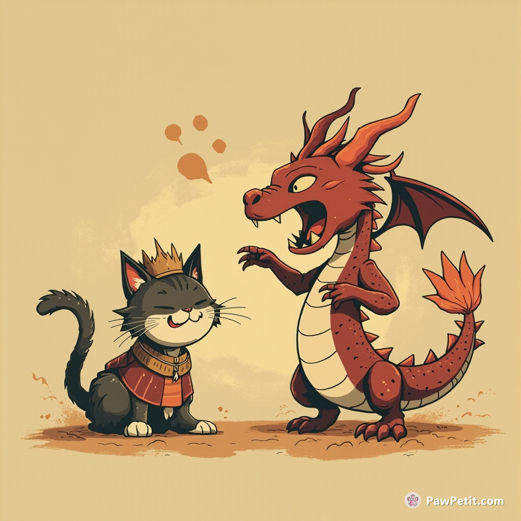 Whiskers the cat becomes king by defeating a dragon with a single, majestic yawn.