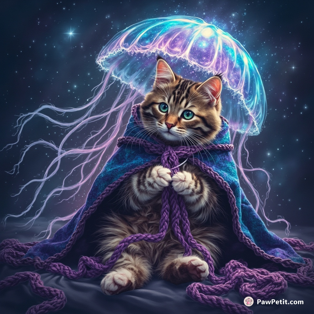 A cat knitting a nebula cloak with cosmic yarn inside an iridescent jellyfish.