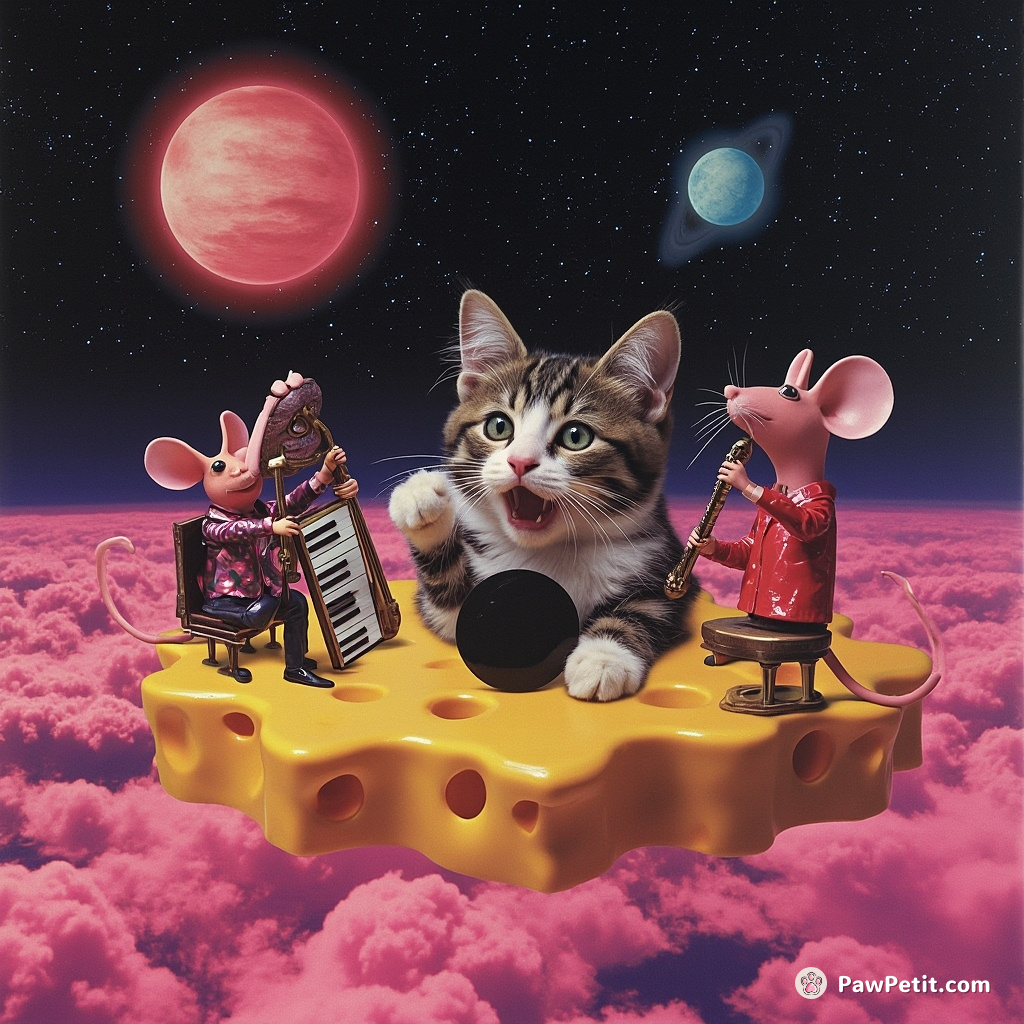 Cat conducting a mouse orchestra on a floating cheese reservation in the depths of outer space.