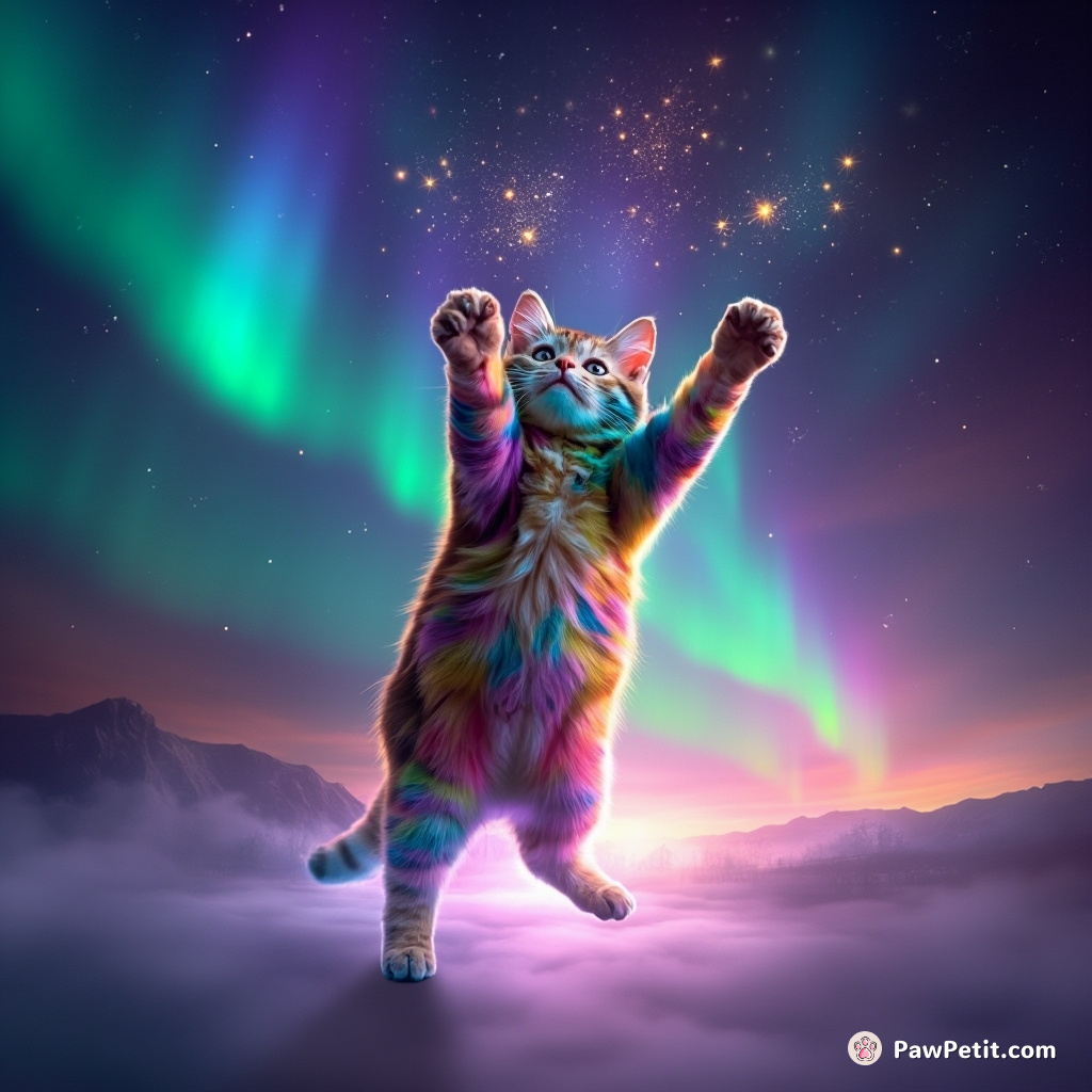 A rainbow-colored cat juggling mini galaxies while balancing on a beam of light dancing across an aurora borealis.