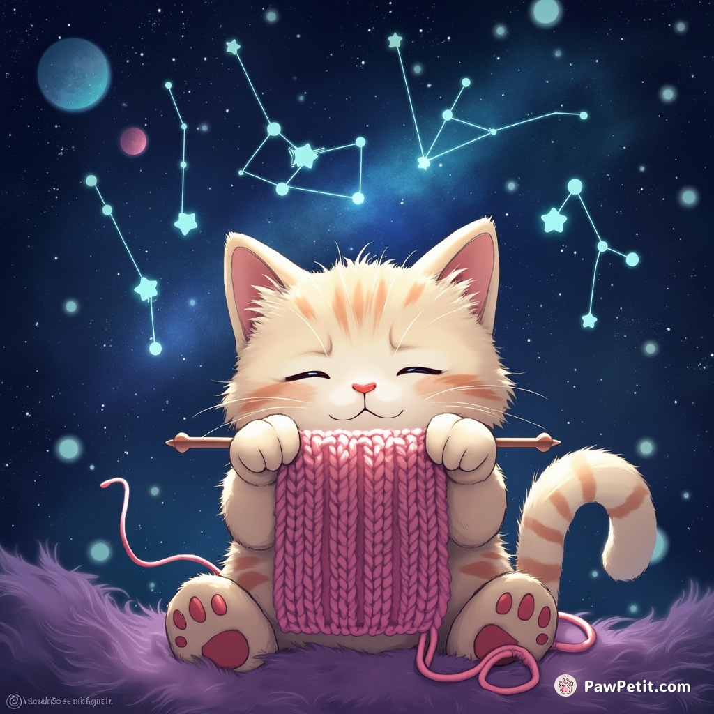 Cosmic cat creating a constellation with magical knitting needles.