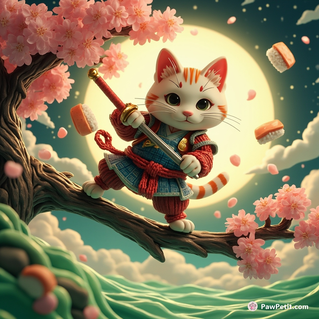 A legendary samurai cat balancing on a cherry blossom branch over a green tea river, swiftly cutting through flying sushi rolls with its nugget sword in the moon-lit night.