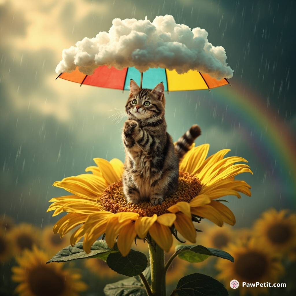 A cat using a cloud as an umbrella, tap dancing on a giant sunflower in the midst of rainbow rain.