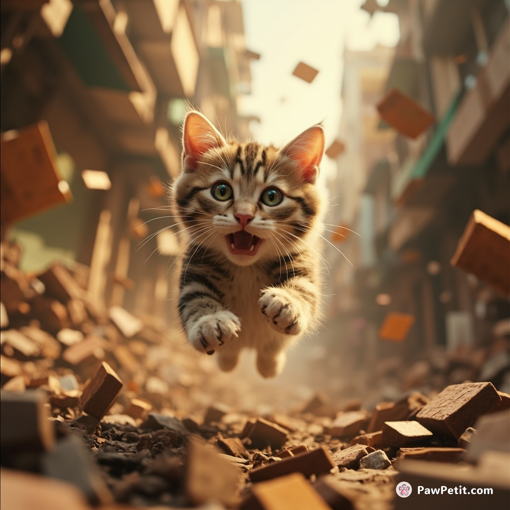 Cat leaps, frantically dodging chaos, seeking refuge amidst the pandemonium.