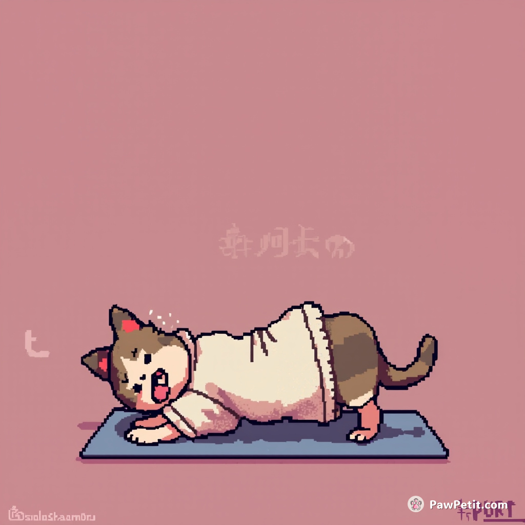 A cat practices yoga, hilariously failing to balance in "downward dog" pose while wearing a tiny bathrobe.