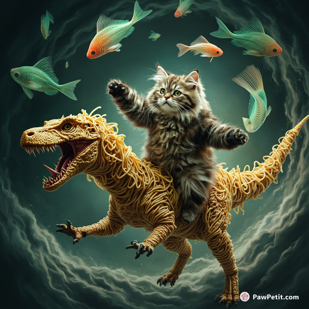 Cat riding a velociraptor through a spaghetti hurricane, juggling glow-in-the-dark fish.