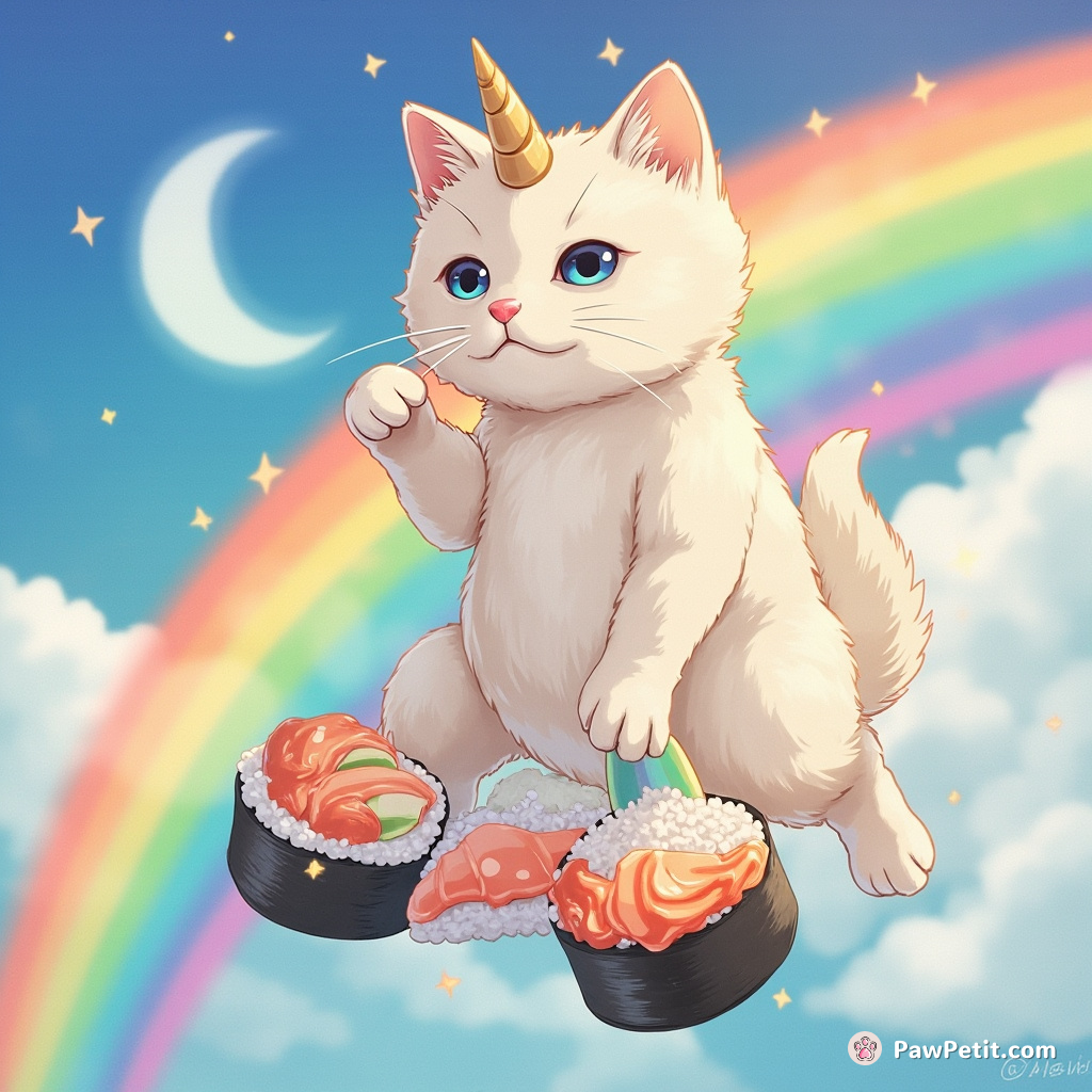 Cat moonwalking on a rainbow while nibbling unicorn-shaped sushi.