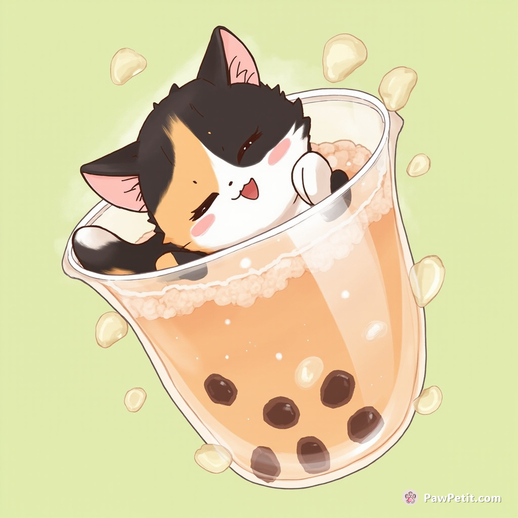 A calico cat floating in a zero-gravity bubble tea, bopping tapioca pearls with its paw.