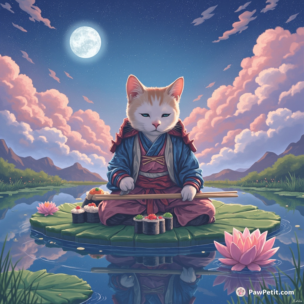 Classical samurai cat practicing sushi making atop a floating lily pad in a pastel pond under kaleidoscope moonlight.