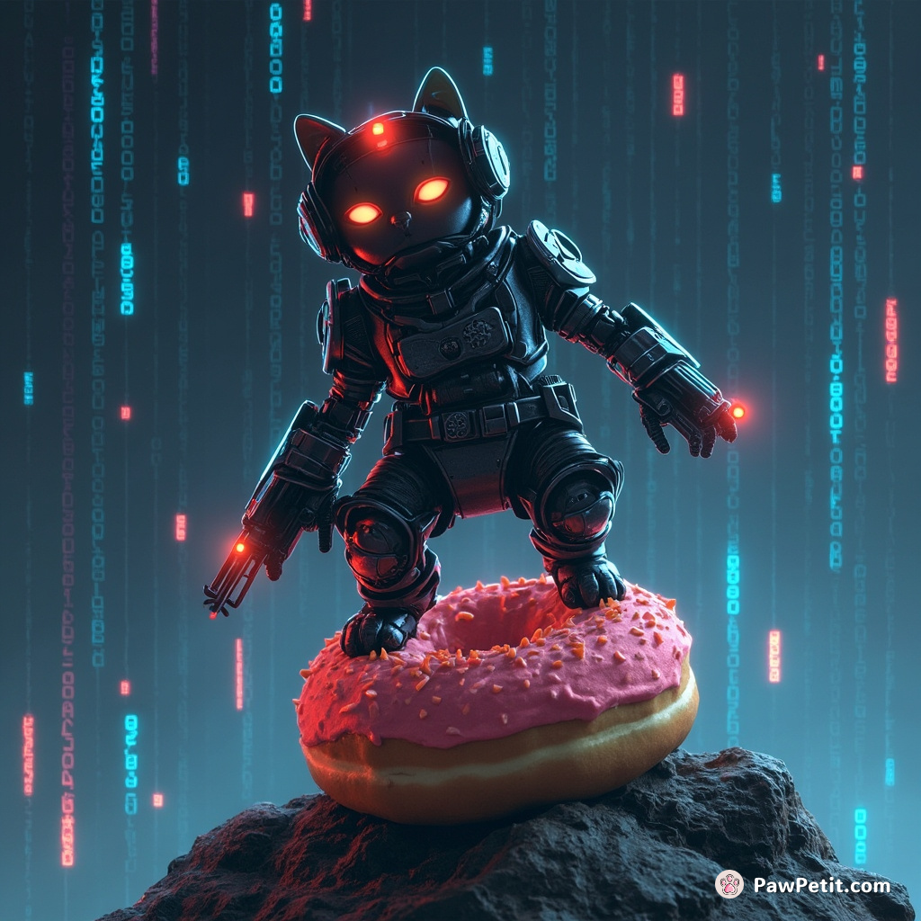 Cybernetic mountain climbing cat fitted with LED armour, making warrior pose atop neon-glazed doughnut summit under binary code rain.