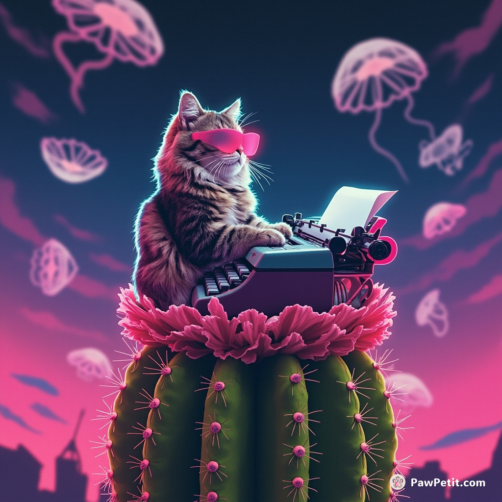 Cat typing on a vintage typewriter atop a flowering giant cactus, under a sky filled with floating jellyfish.