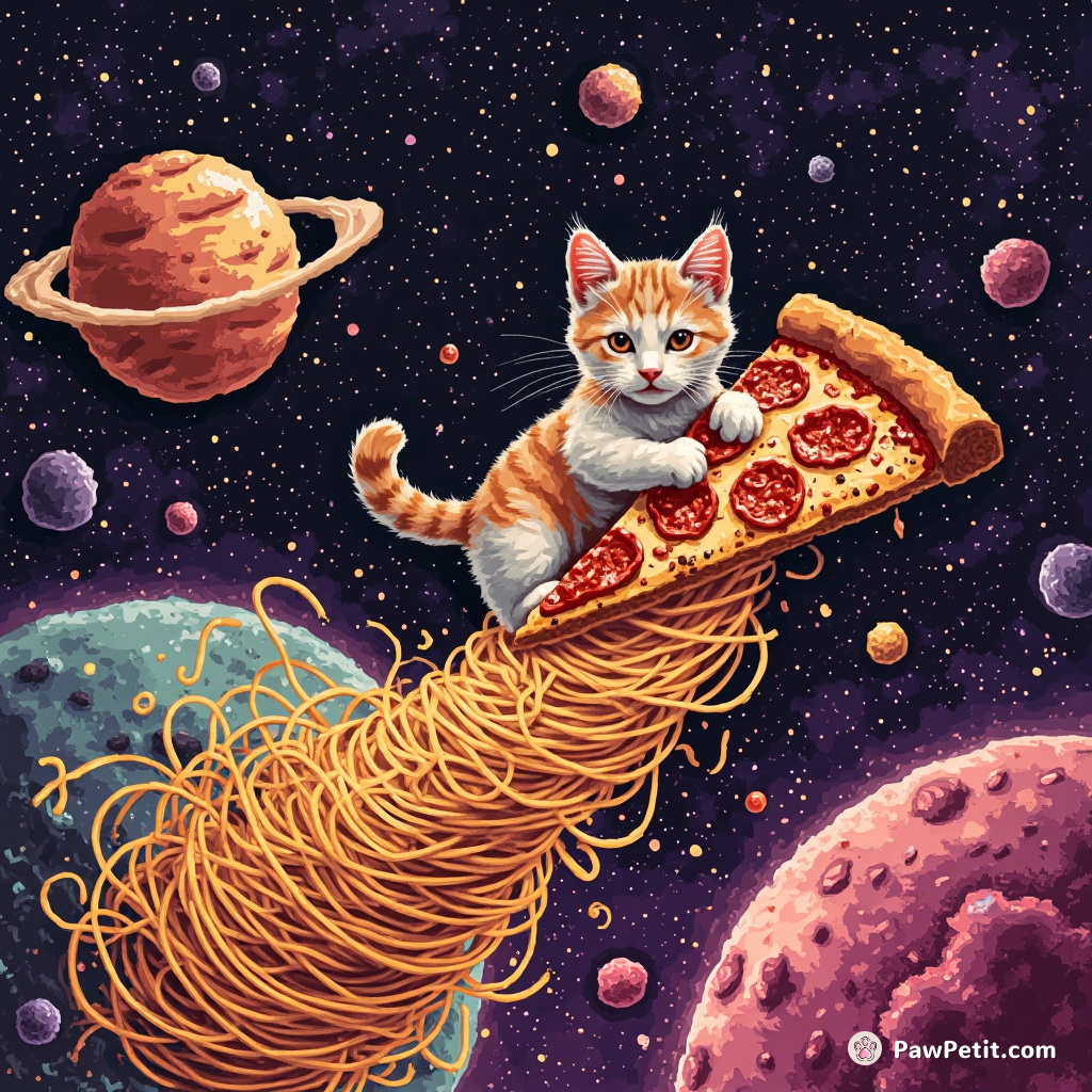 Cat riding a pizza slice through a spaghetti tornado in outer space.