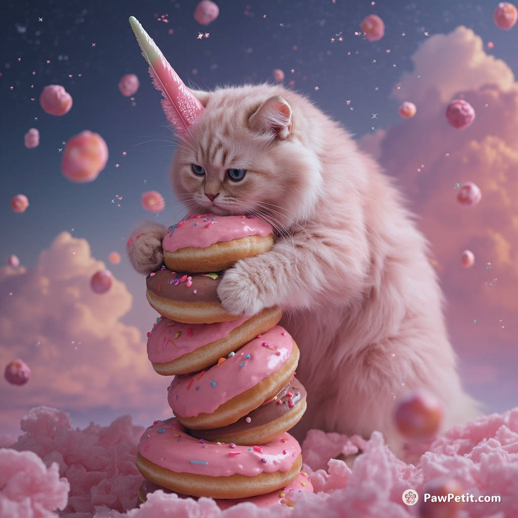A pastel pink cat writing cosmic equations in a falling stack of donuts, using a pearlescent unicorn horn quill.