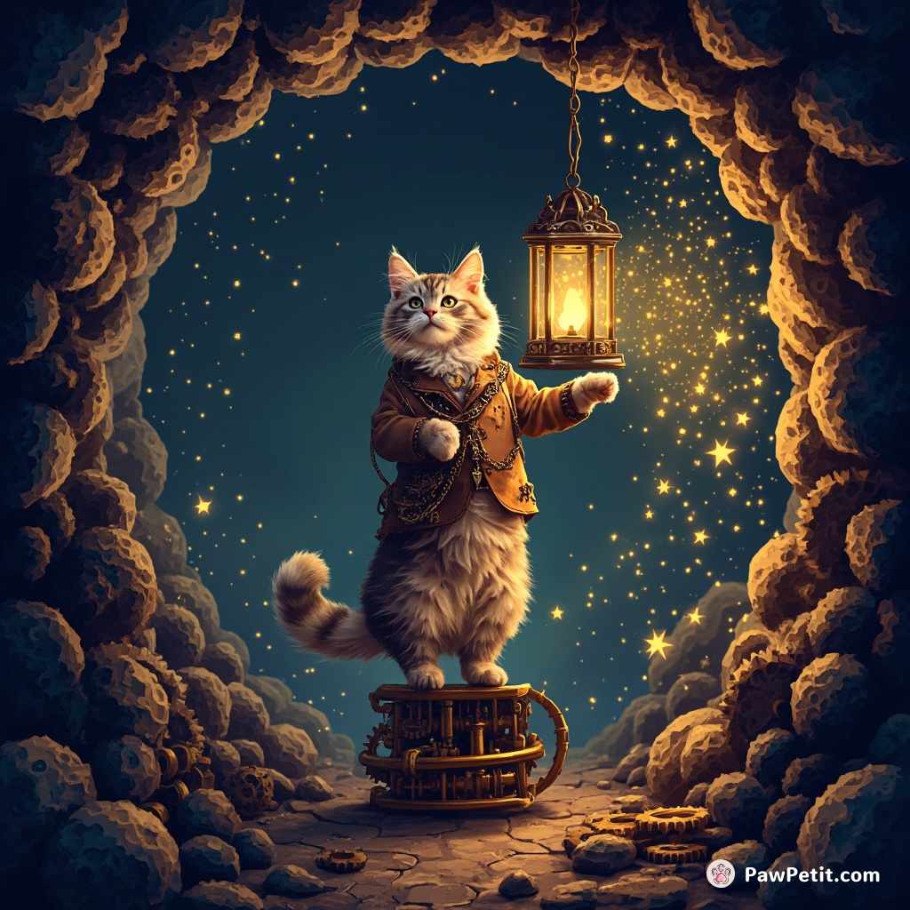 Victorian steampunk cat balancing on rotating gear wheels in a cavern releasing fireflies from a golden entanglement geometry lantern.