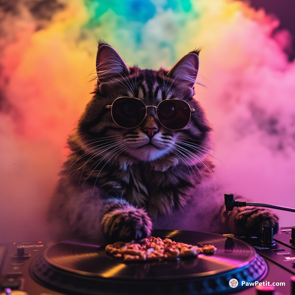 Giant retro sunglasses-wearing cat DJ, spinning pizza records amidst neon rainbow fog.