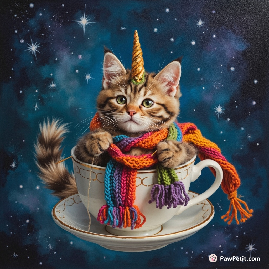 A cat gently knitting a vibrant rainbow scarf using two unicorn horns as needles, levitating in a giant teacup floating amidst a starfield.