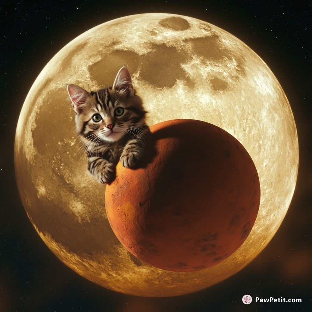 Cat sunbathing on a glittering moon, using Mars as a beach ball.