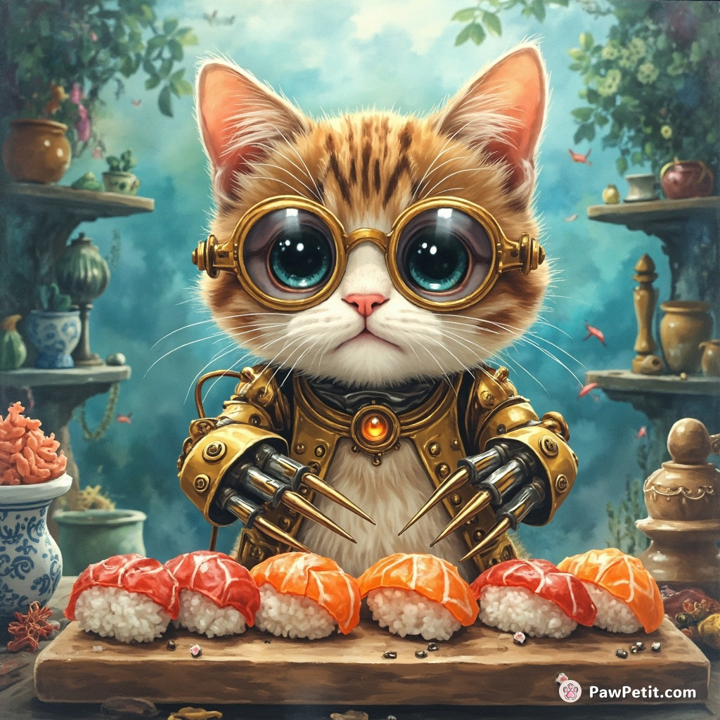 Steampunk cat making sushi with robotic pincers in an underwater haberdashery.