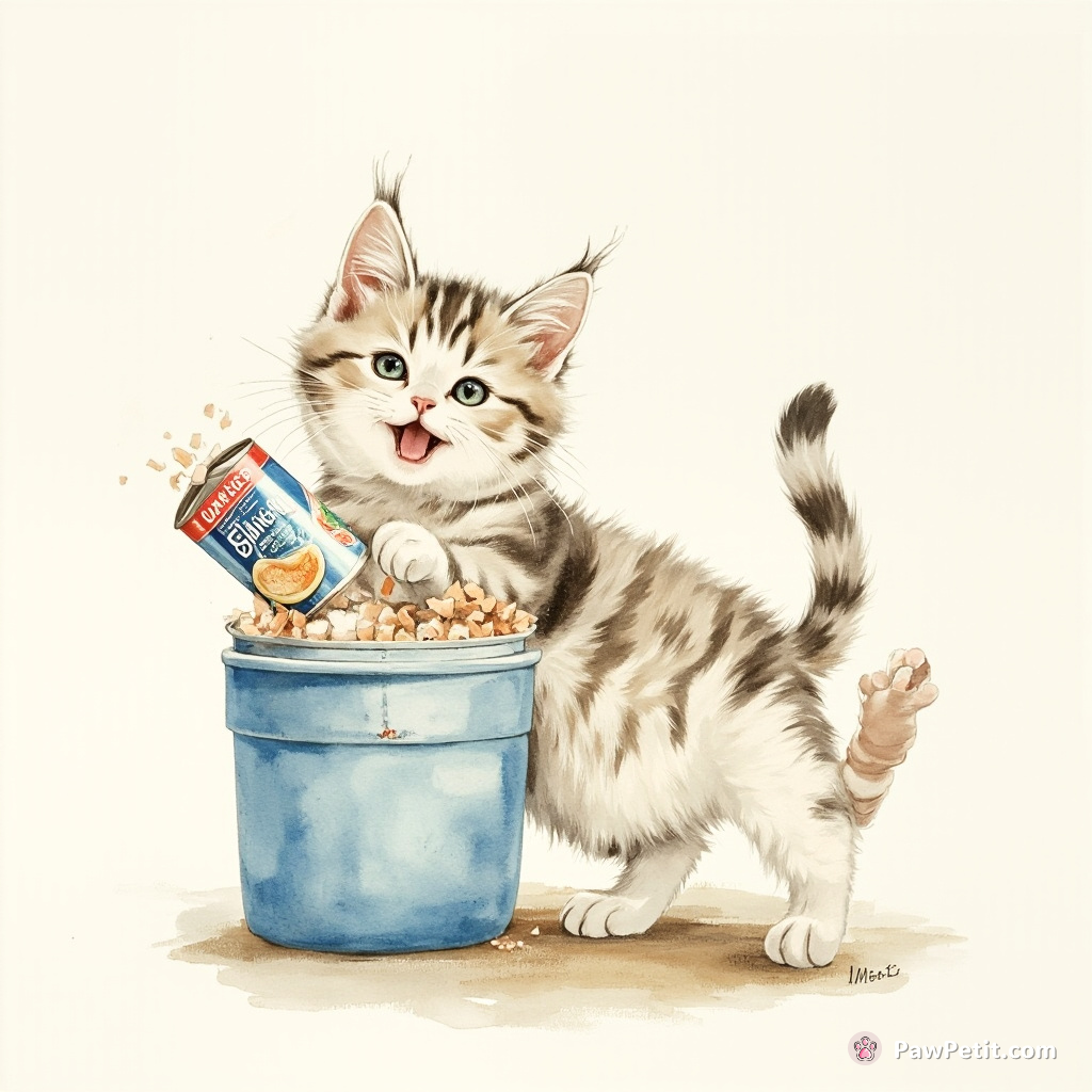 A cat attempts to sneakily open a cooler, hilariously tumbling backwards with a can of tuna stuck on its paw.