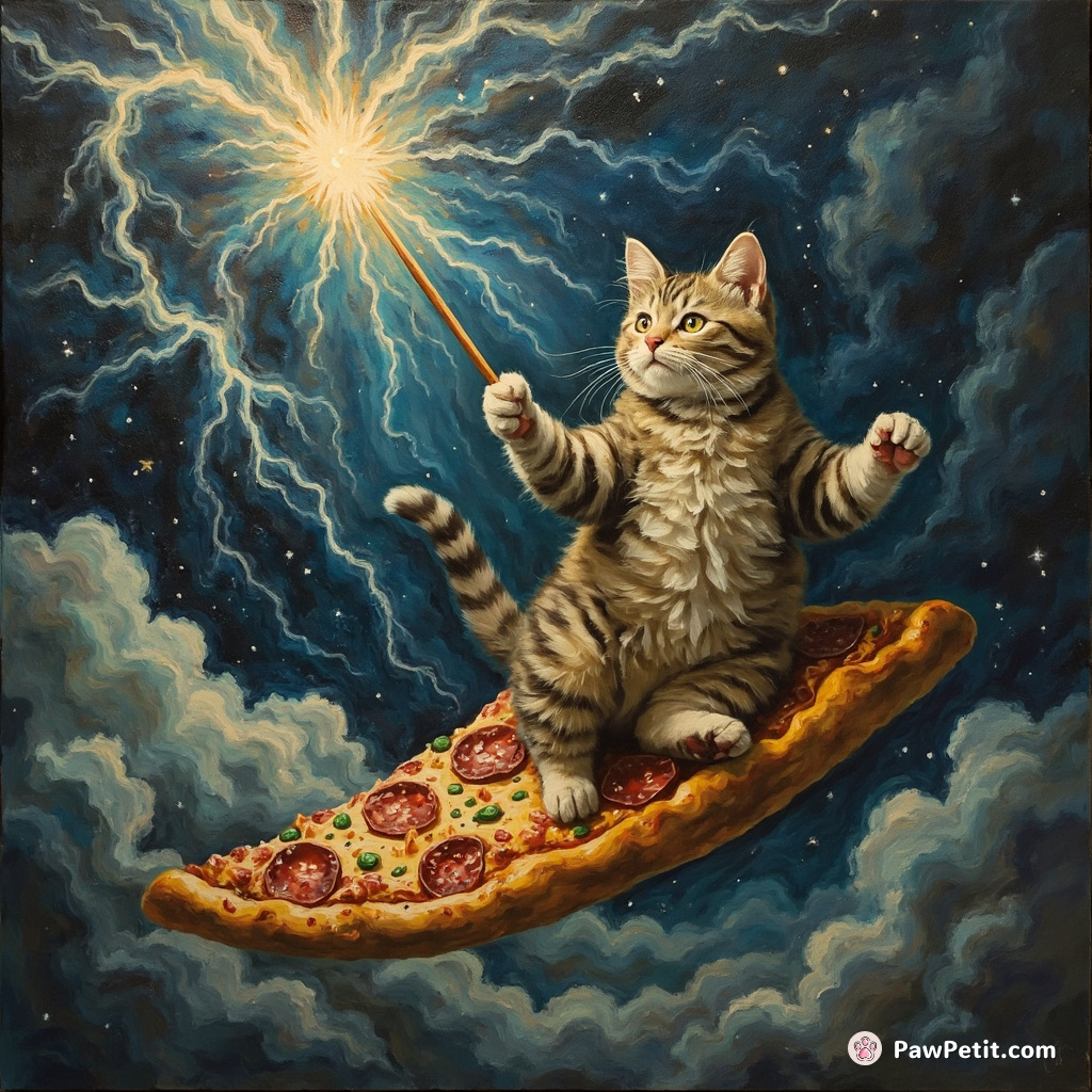 A cat summoning a thunderstorm with a magic wand while riding on a slice of pizza floating in outer space.