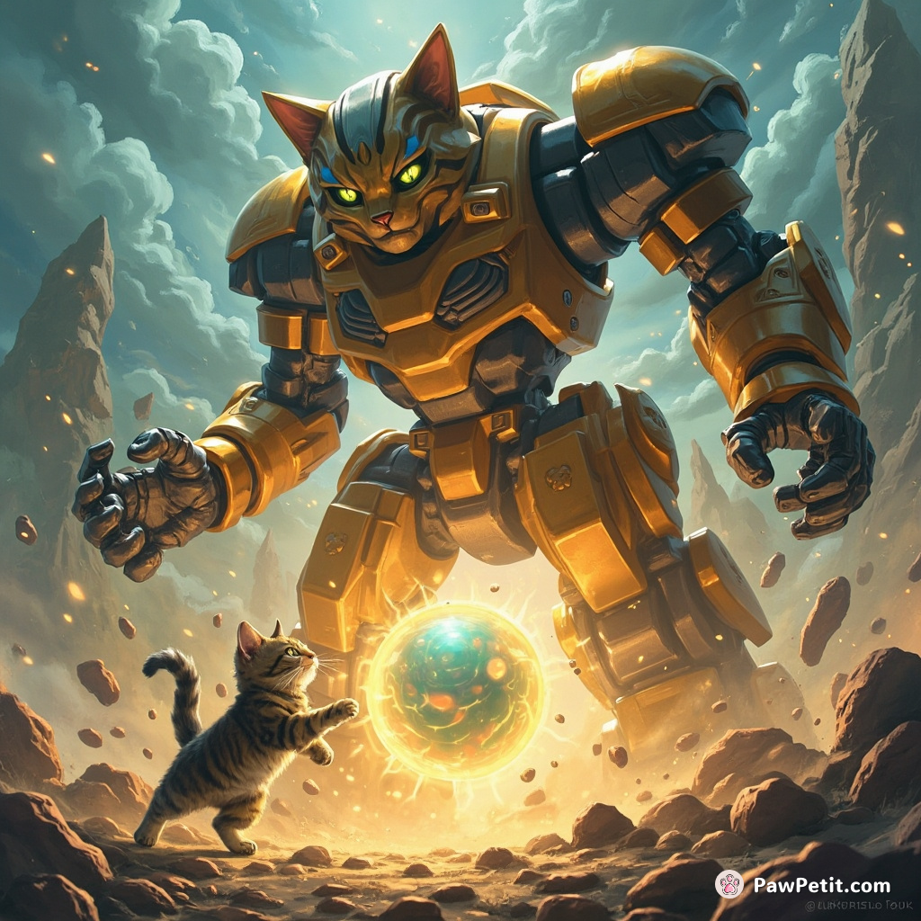 Feline deftly swats glowing orb, triggering colossal mech's transformation into a towering, mechanical feline effigy.