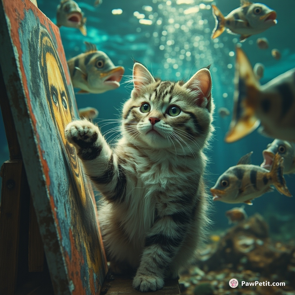 Cat artist feverishly painting a self-portrait in an underwater studio, surrounded by comically perplexed fish spectators.