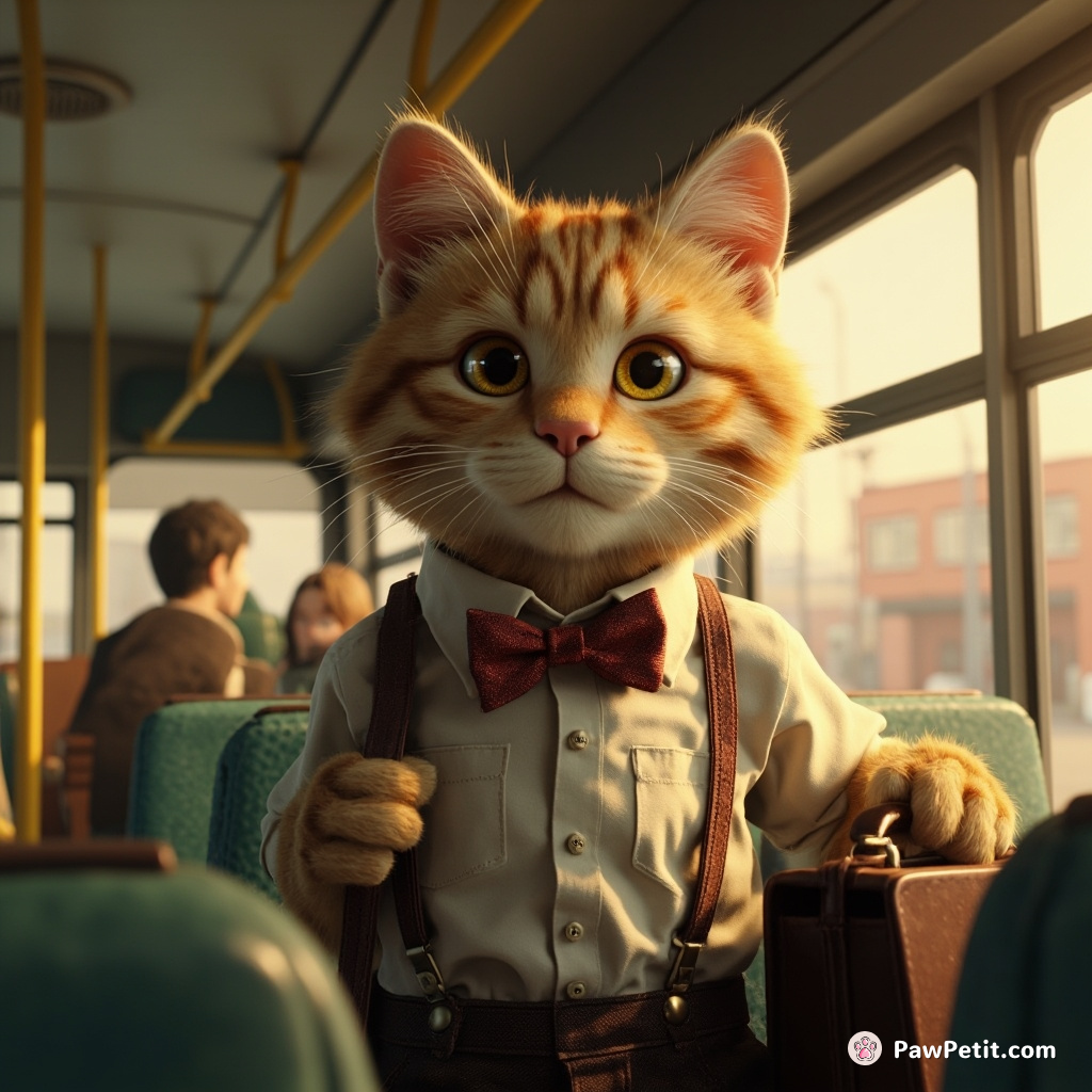 Decked in suspenders and bowtie, providentially holds a briefcase— that mysterious cat catching a bus to 'work' each morning.