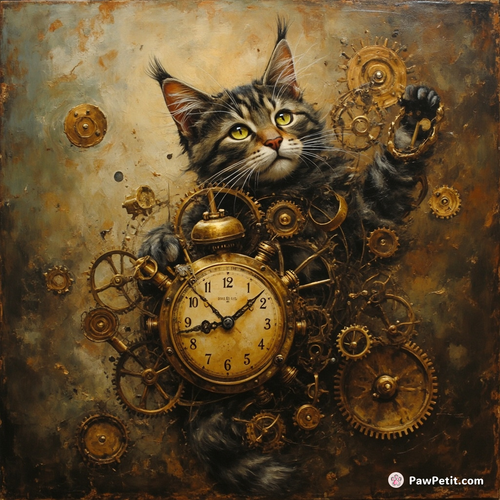 A steampunk shapeshifting cat morphing into a brass clock amidst a twister of gears and cogwheels in slow motion.