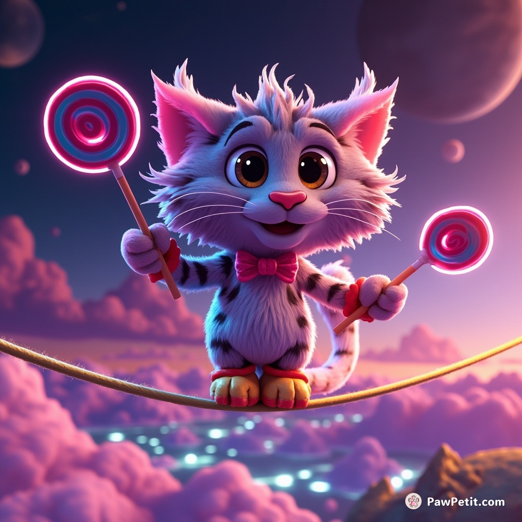 A maine coon juggling neon lollipops on a tightrope above an alien planet landscape.