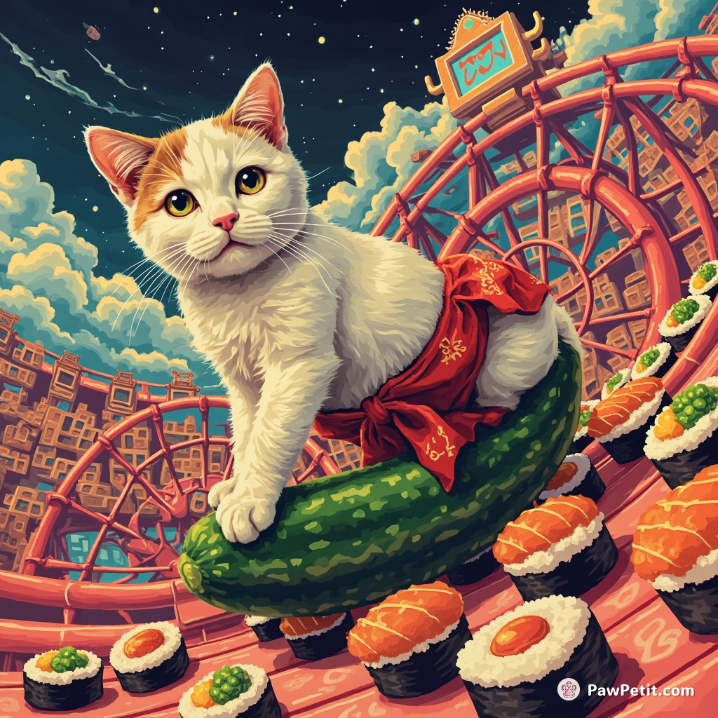 A sumo wrestling cat balancing on a glossy cucumber in the middle of an exuberantly psychedelic sushi rollercoaster.