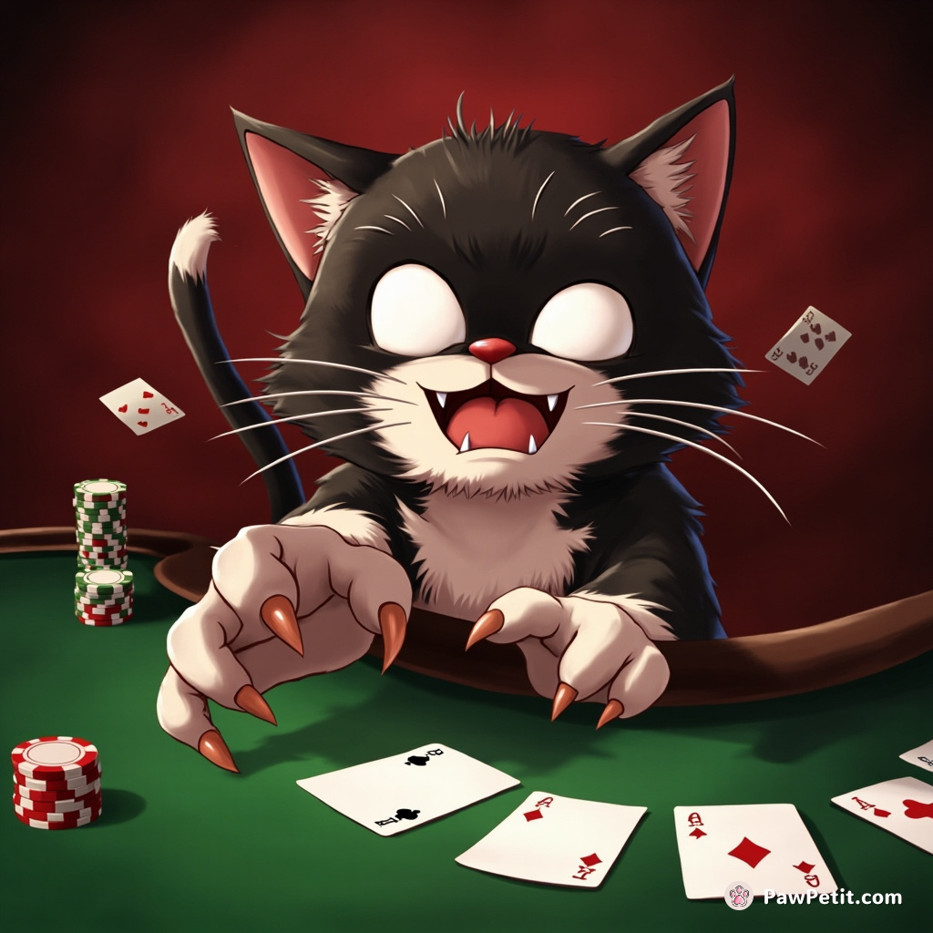 A stealthy cat sits at poker table, claws covertly playing cards, causing uproar as he hits the jackpot twice!