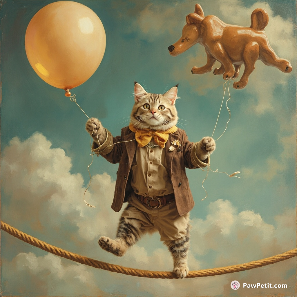A surprised cat daintily strolling on a tightrope strung between canine-shaped balloons in dreampunk attire.