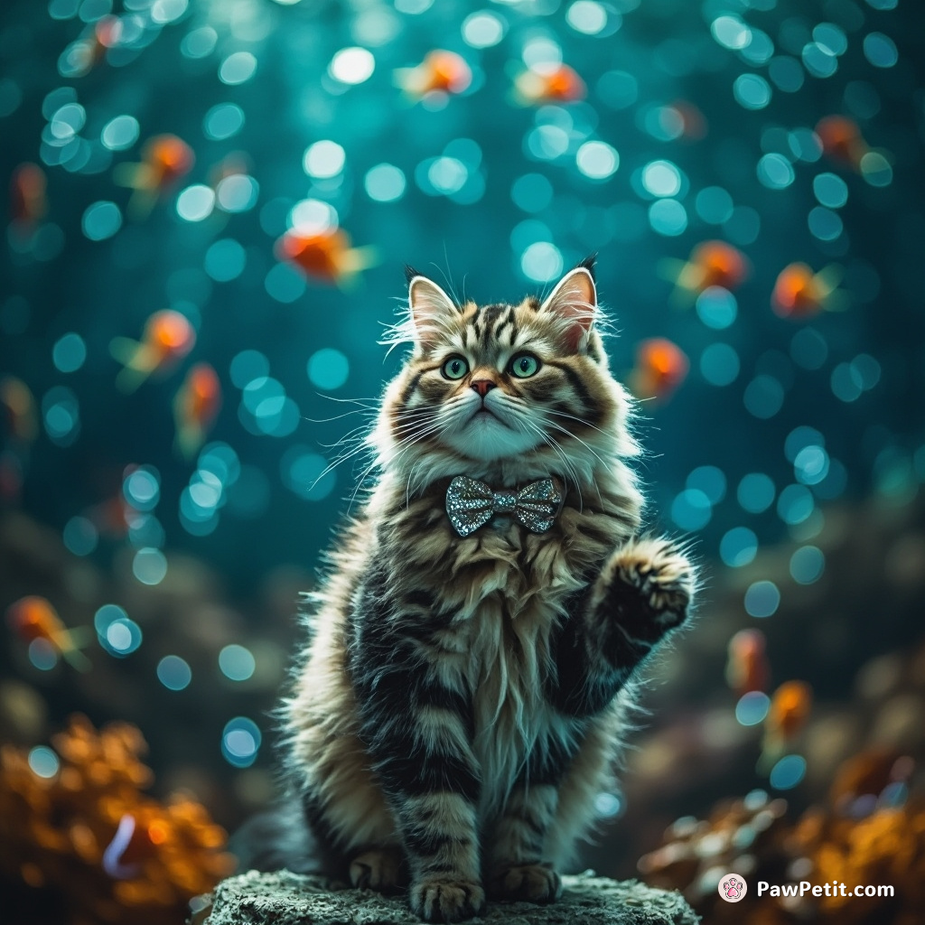 Cat performing stand-up comedy for an audience of laughing fish in a bubble-filled underwater theater.