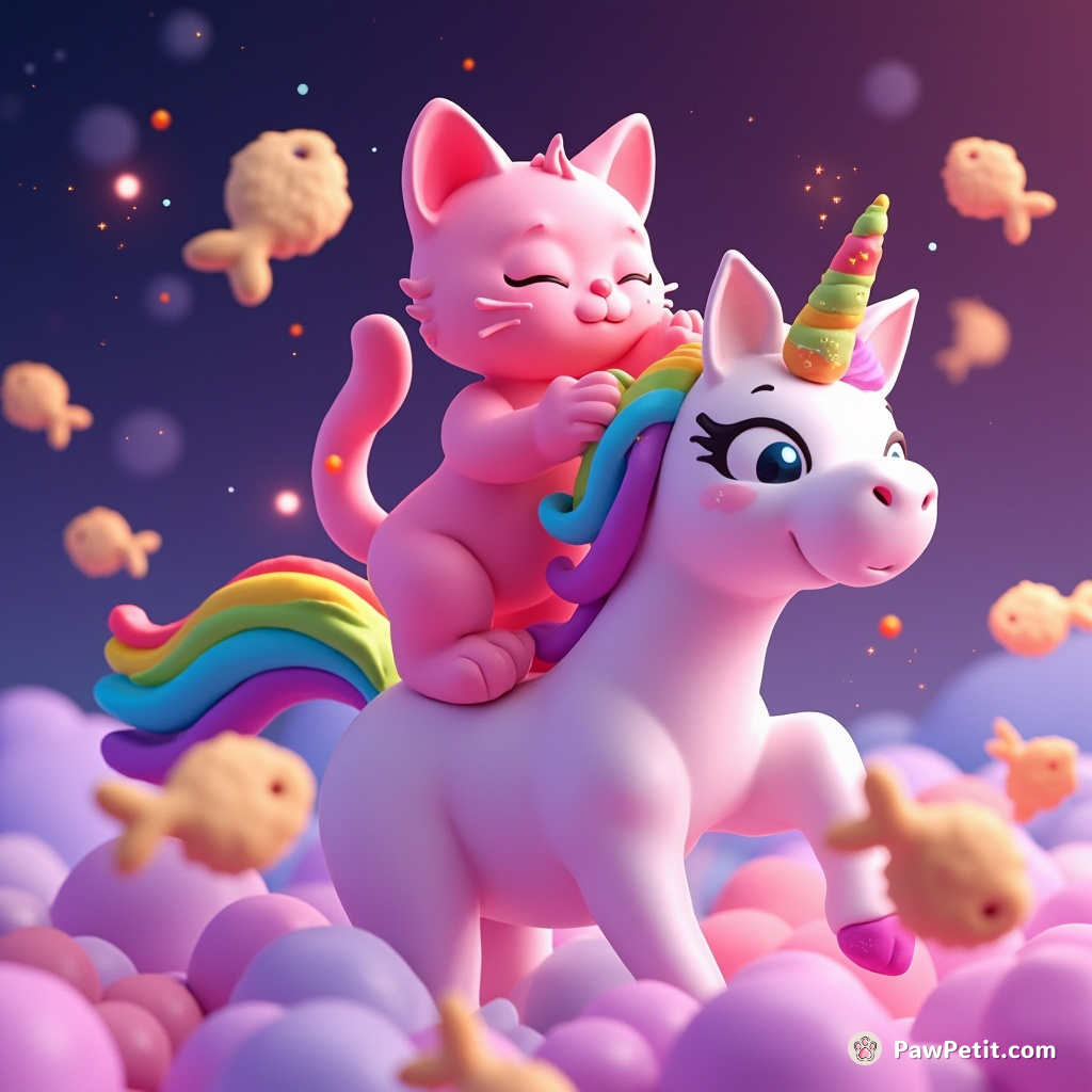 A bright pink cat tap dancing on a rainbow unicorn's back, while scattering stardust-tinted fish-shaped biscuits in a neon-lit cosmos.