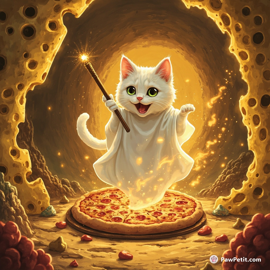 A feline ghost summoning pizza with a magic wand inside an opulent cheese cave.