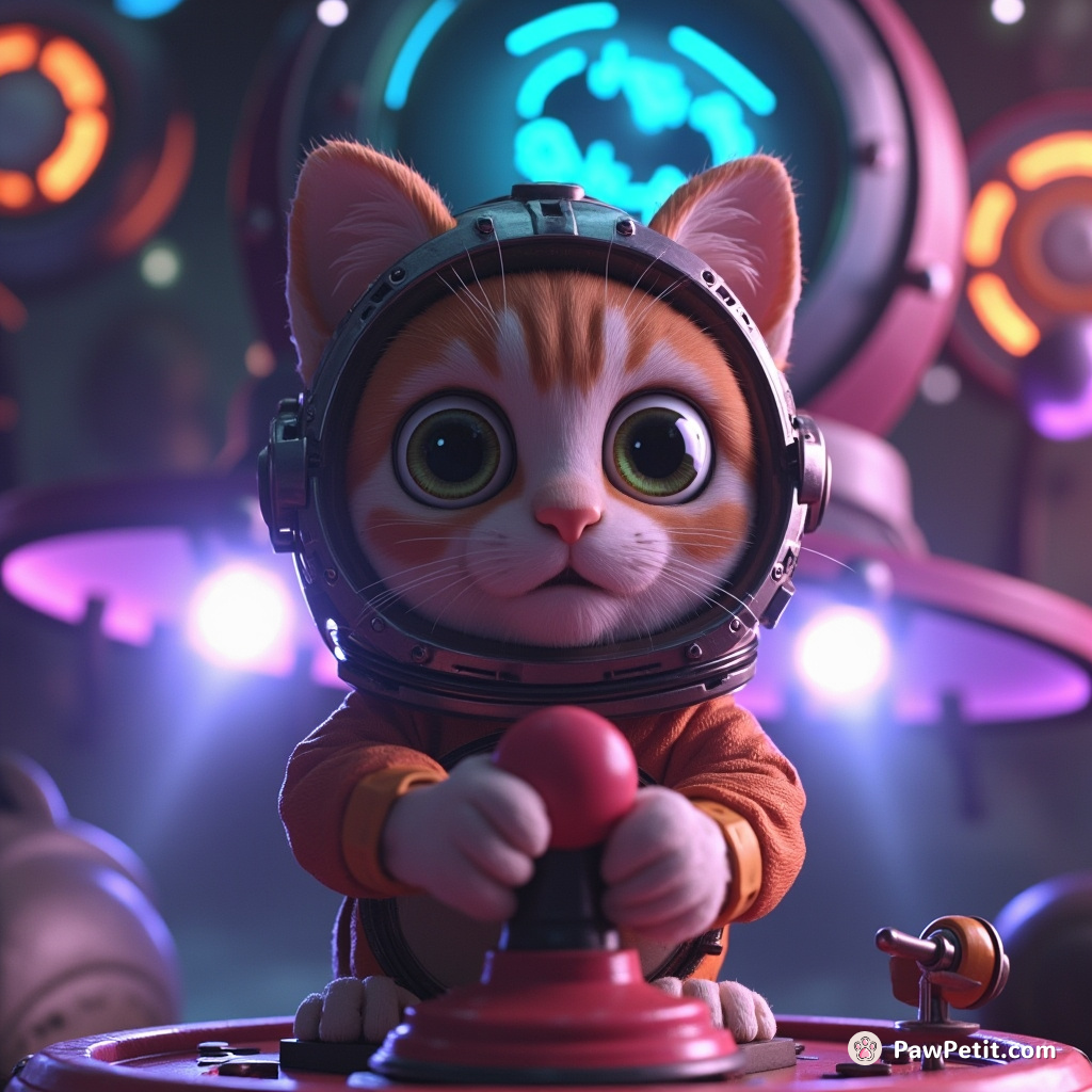 Cat astronaut clumsily swivels joystick, jet-paws propelling anti-gravity saucer into the surreal neon-lit complexities of alien machinery.