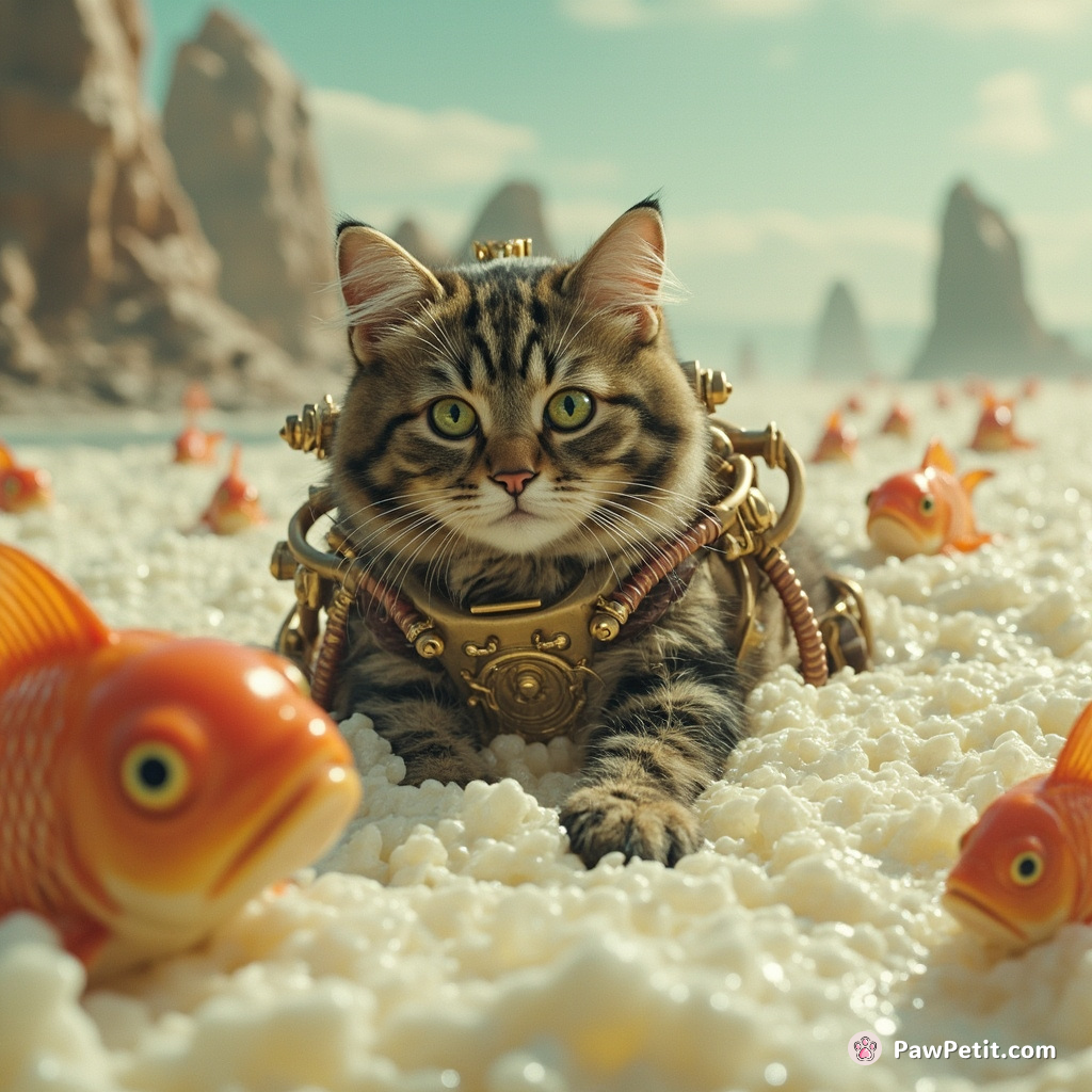 A steampunk cat commanding a fleet of mechanical goldfish in the milky sea of an alien planet.
