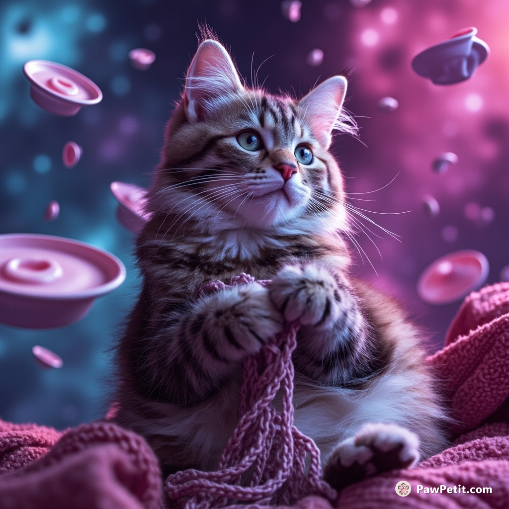 A cat knitting a colourful cosmic galaxy, surrounded by floating milk saucers in zero gravity.