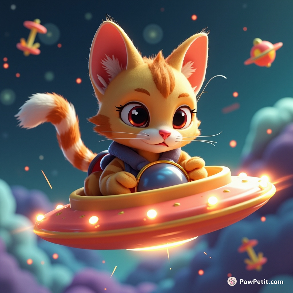 A feline deftly pilots a levitating saucer, manipulating glowing levers with its tail while plotting jumps through wormholes.