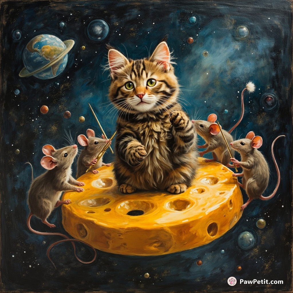 A tabby cat conducting a mouse orchestra on a floating cheese wheel in space.