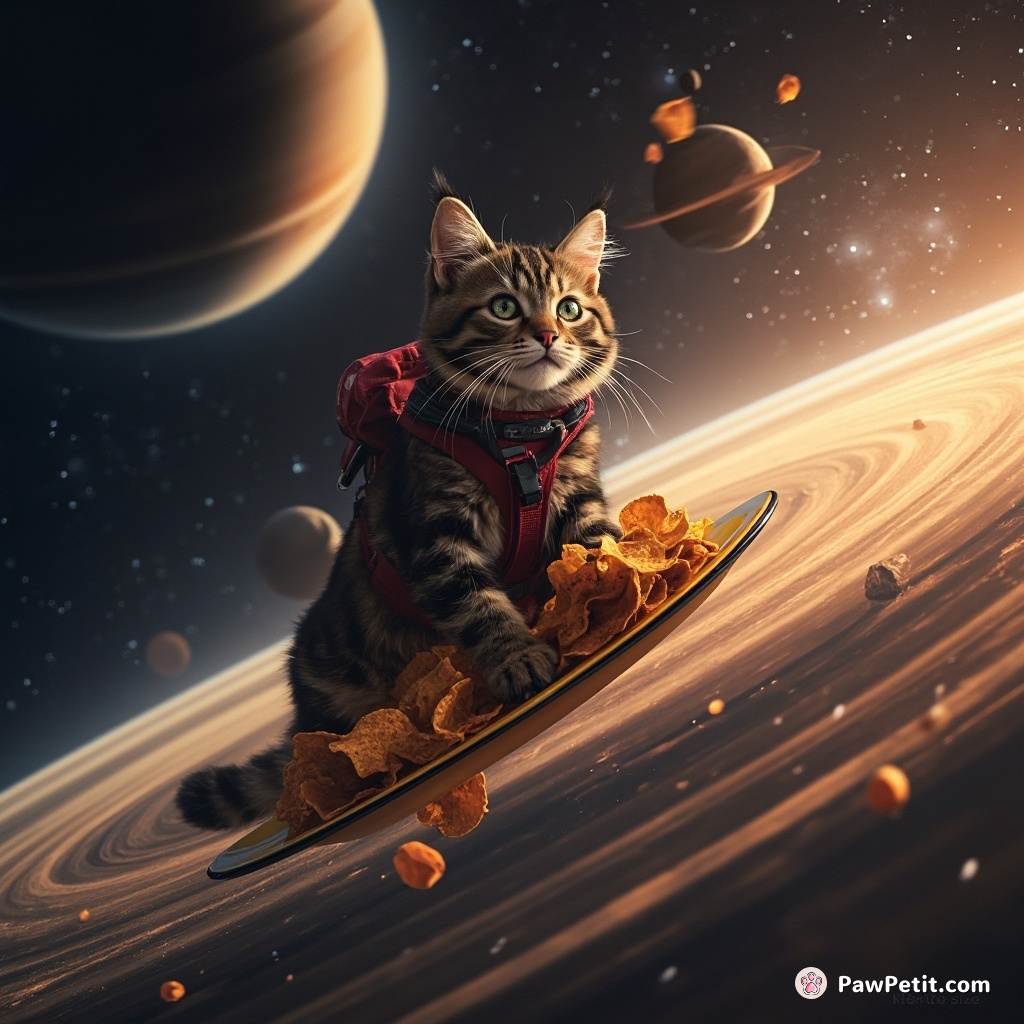 Space-faring tabby cat surfing the rings of Saturn while eating cosmic nachos!