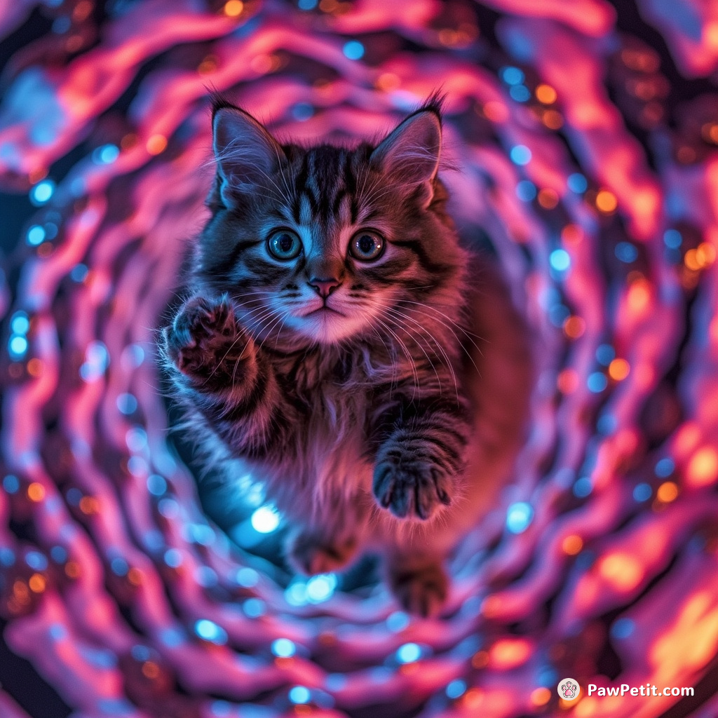 A cat somersaulting through hyperbolic tessellation in neon space.