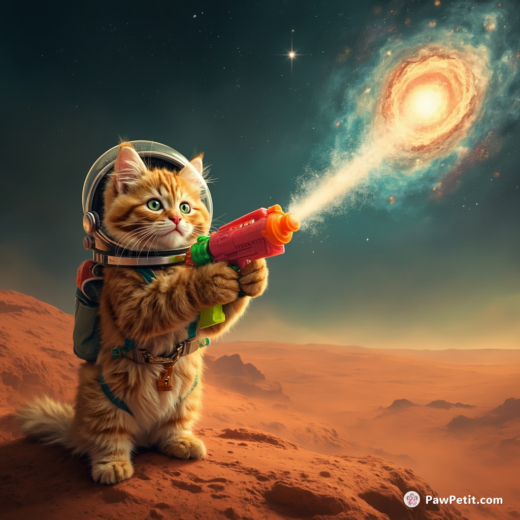 Cat extinguishing a supernova with a giant water gun on Mars.