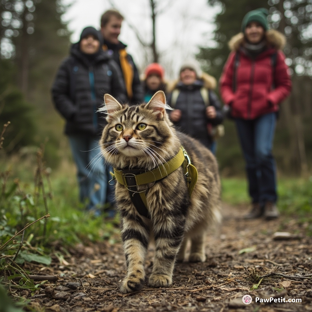Cat, acting as tour guide, casually saunters up a hiking trail, leading amazed spectators around a downtown detour.