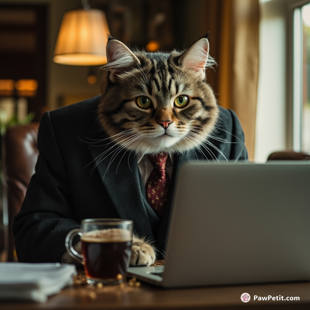 Whiskers dons a suit, spills coffee while typing on a laptop, then purrs loudly in a Zoom meeting.